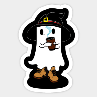 cute Ghost with witch hat drinking coffee Sticker